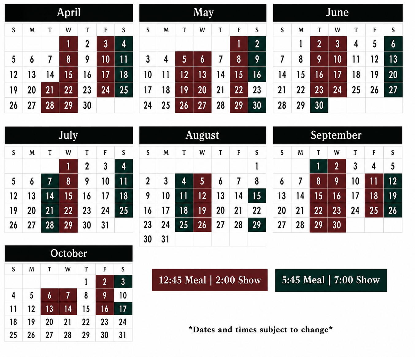 A 2023 calendar with colored blocks indicating meal and show times.