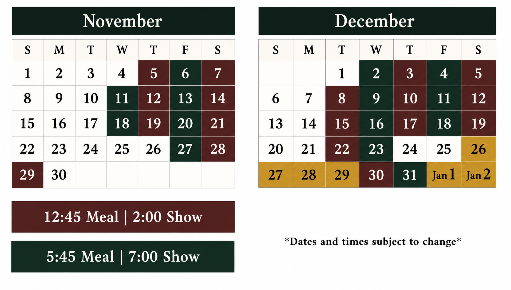 November and December 2020 calendar with highlighted dates and event times.