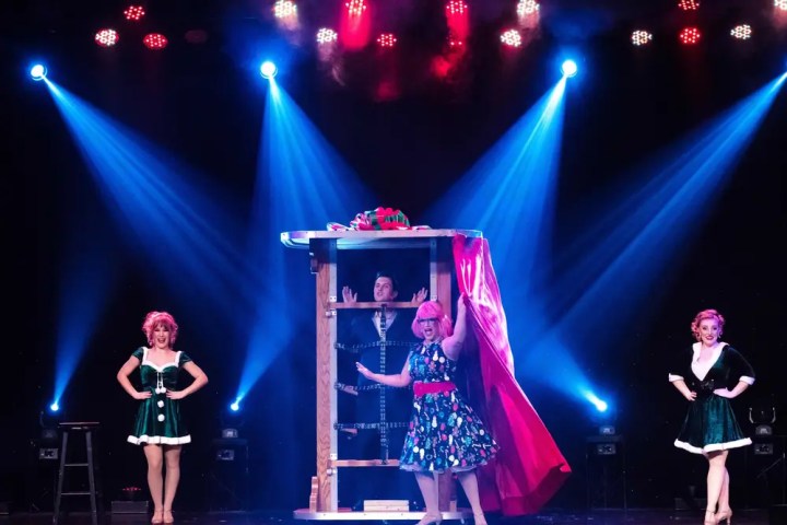 Performers on stage with a magic trick box and colorful spotlights.