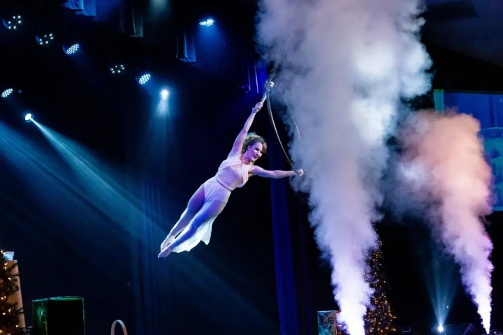 Aerialist performs on stage with ropes and smoke effects under colorful lighting.