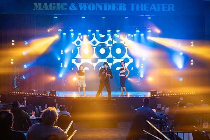 Performers on a lit stage with spotlights and an audience in a theater.