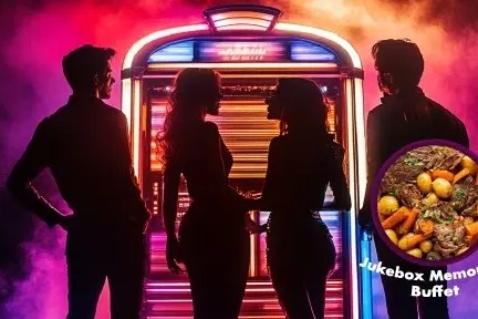 Silhouettes of four people near a glowing jukebox with 'Jukebox Memories Buffet' text and a dish inset.