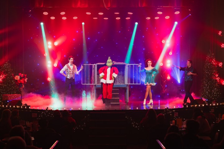 Performers on stage with Christmas decorations and colorful lights. Central figure in green mask and red outfit.