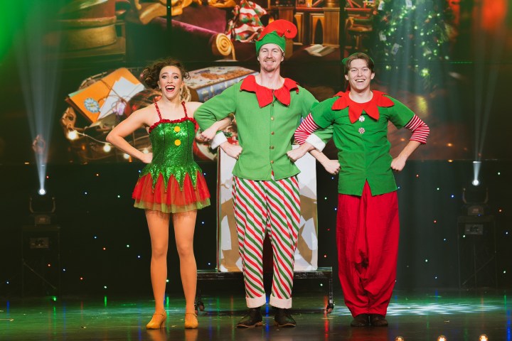 Three performers in festive costumes, two elves and one in a green dress, standing on stage.