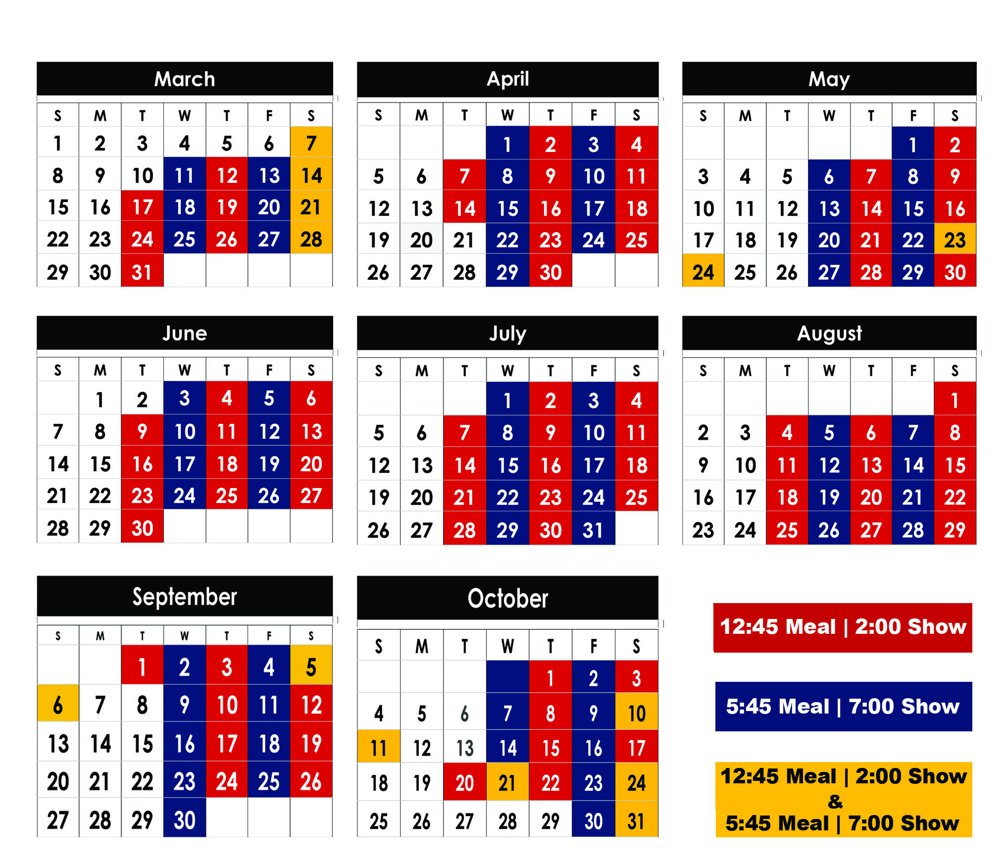 Calendar showing meal and show schedules from March to October with color-coded dates.