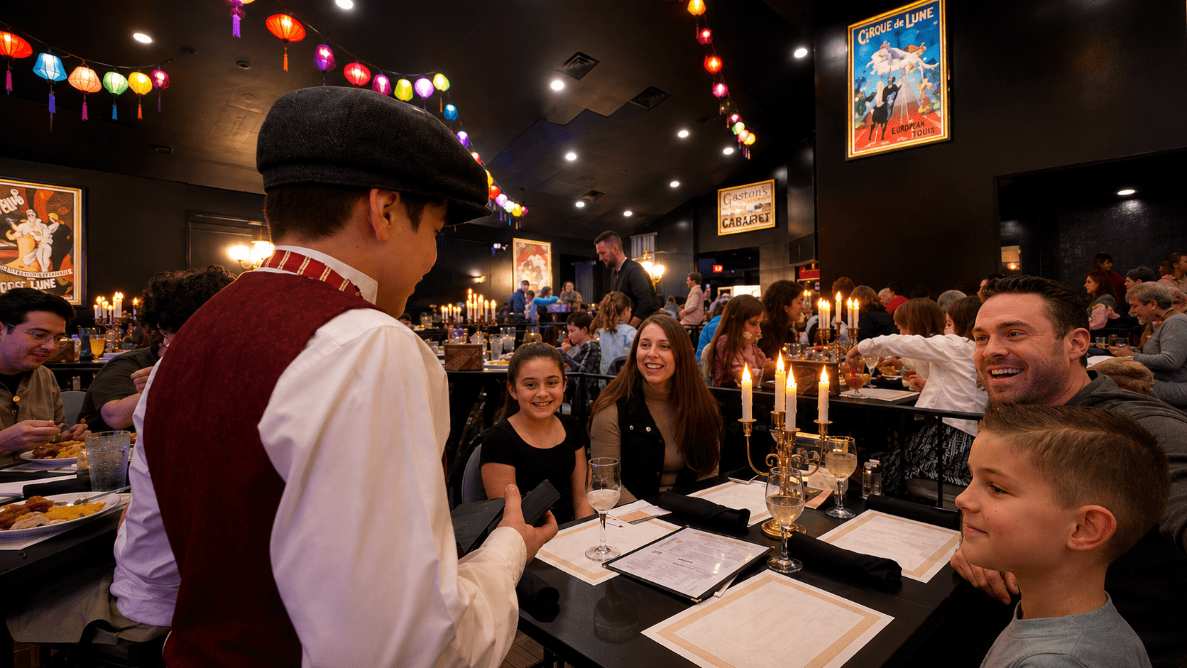 Family at restaurant with waiter, surrounded by colorful lights and posters.