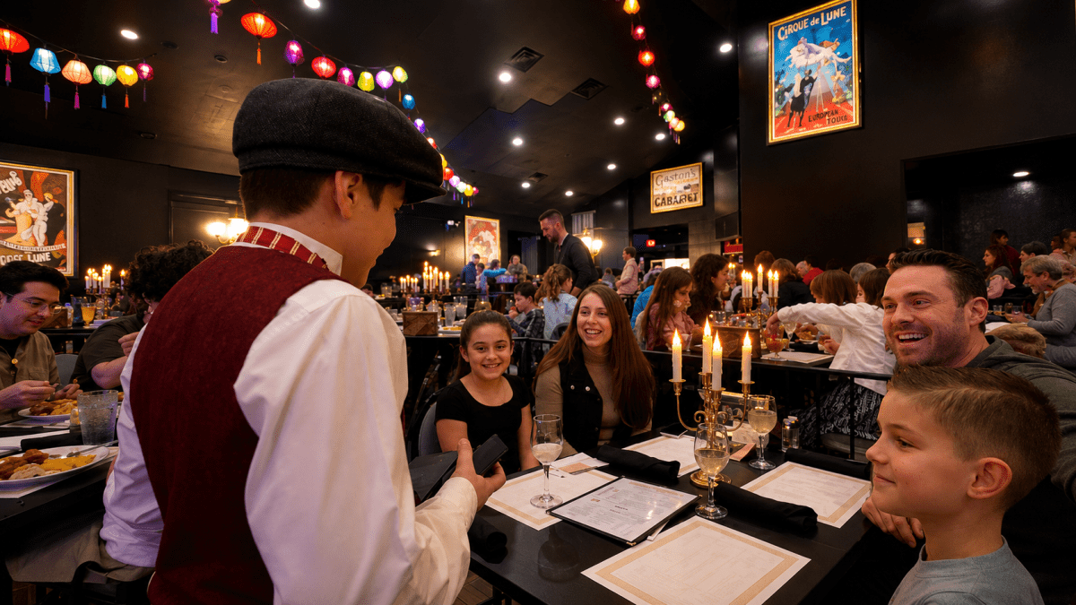 Family at restaurant with waiter, surrounded by colorful lights and posters.