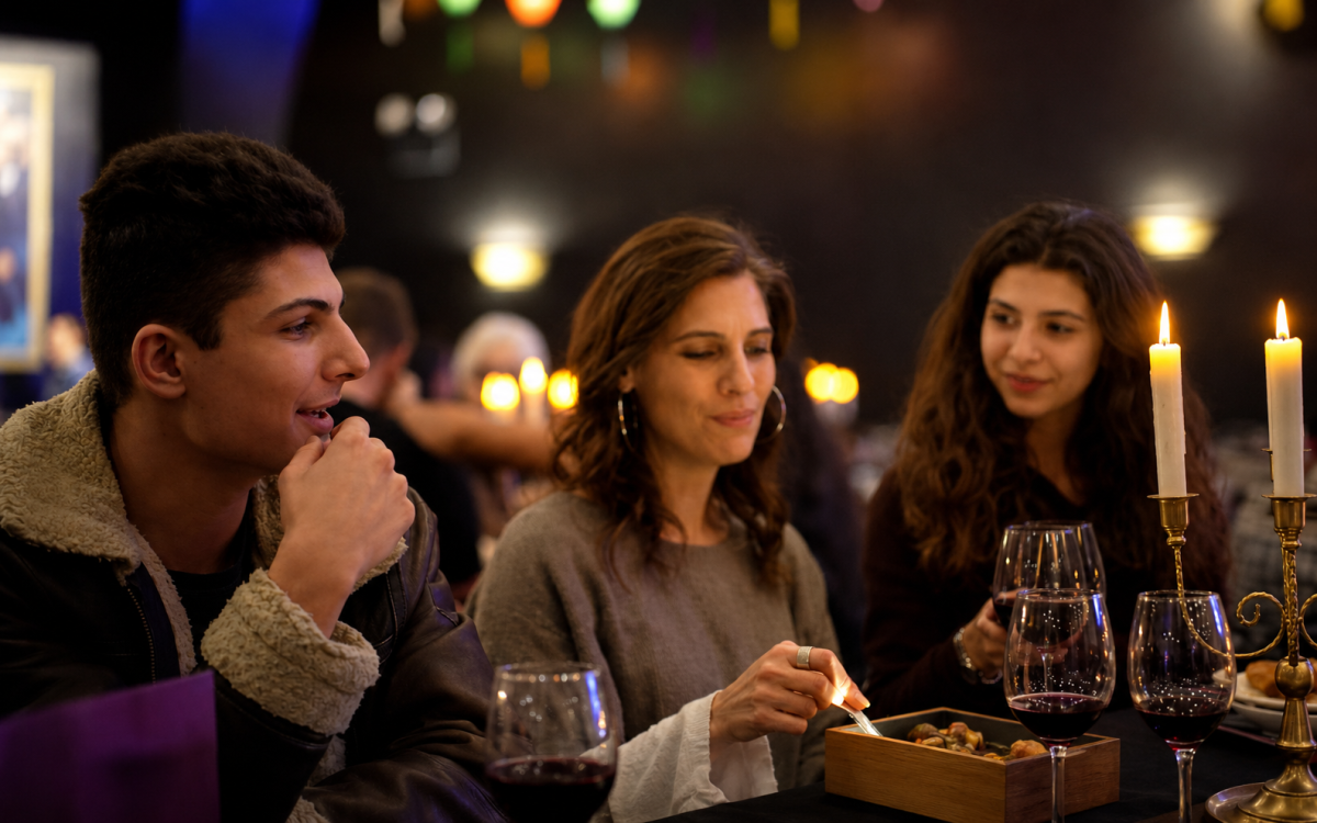 Three people enjoying wine and snacks by candlelight in a cozy setting.
