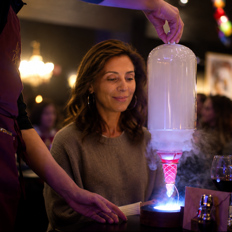 Woman sitting at a table with a glass dome placed over a steaming dish.