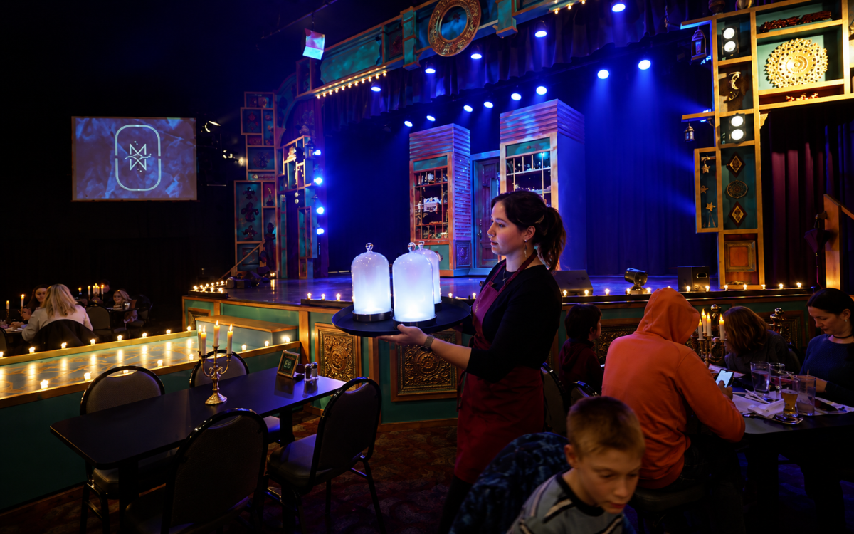 Server holding misty glasses with stage in the background at a themed dining venue.
