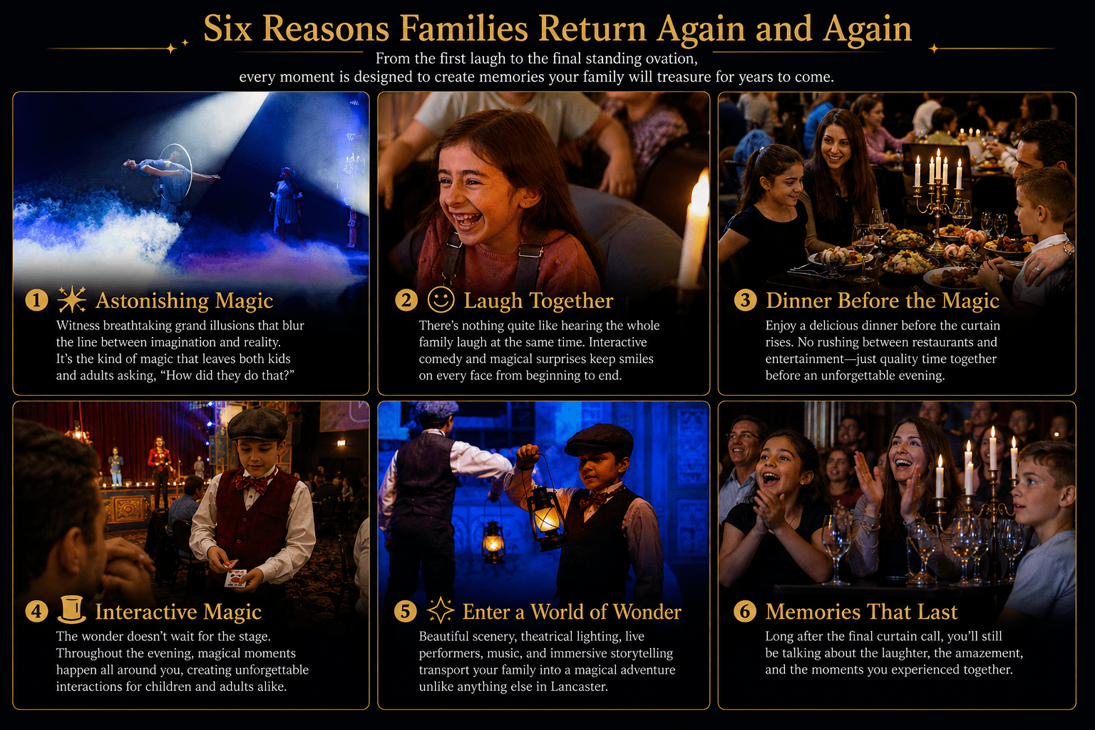 Collage of magical experiences with families enjoying performances and dining.