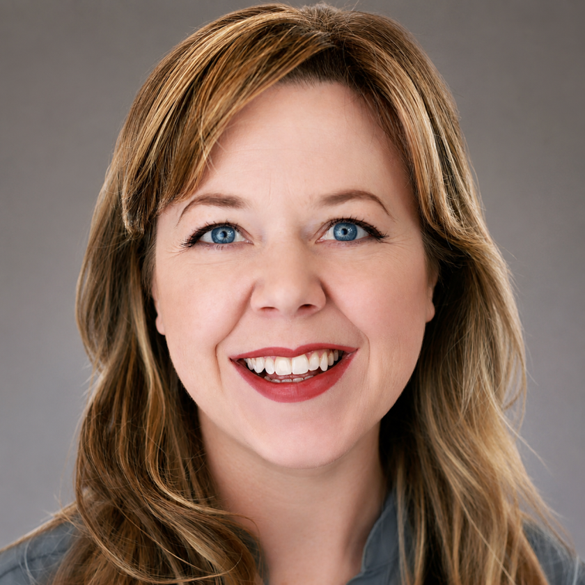 Smiling woman with long blonde hair and blue eyes against gray background.