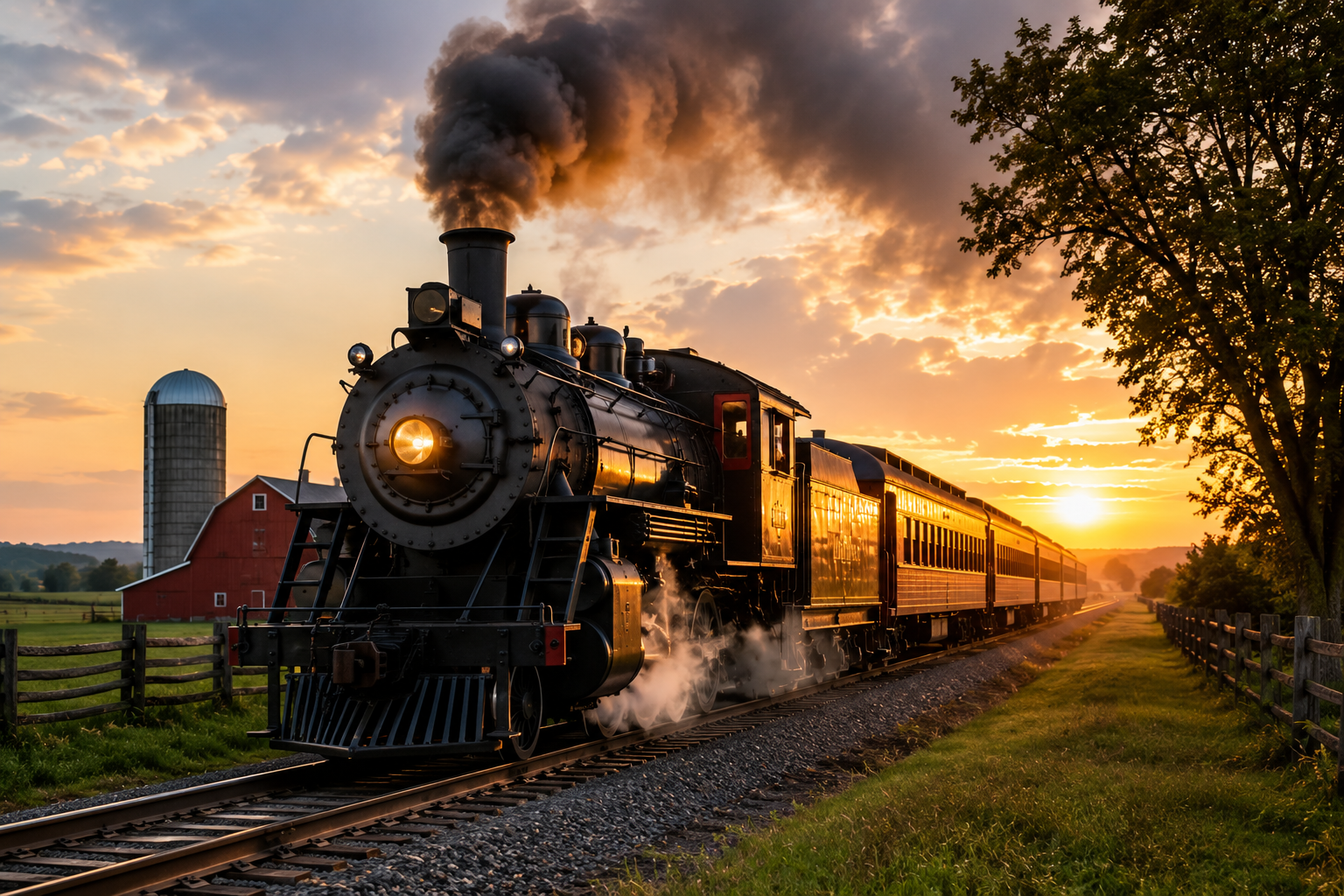 Steam train on tracks at sunset with silo, barn, and trees.