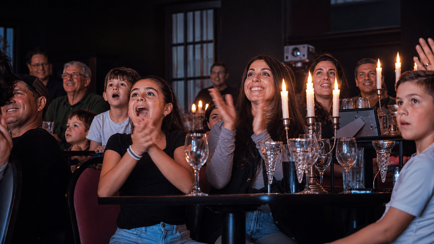 Audience clapping and smiling at a performance, with candles and glasses on tables.
