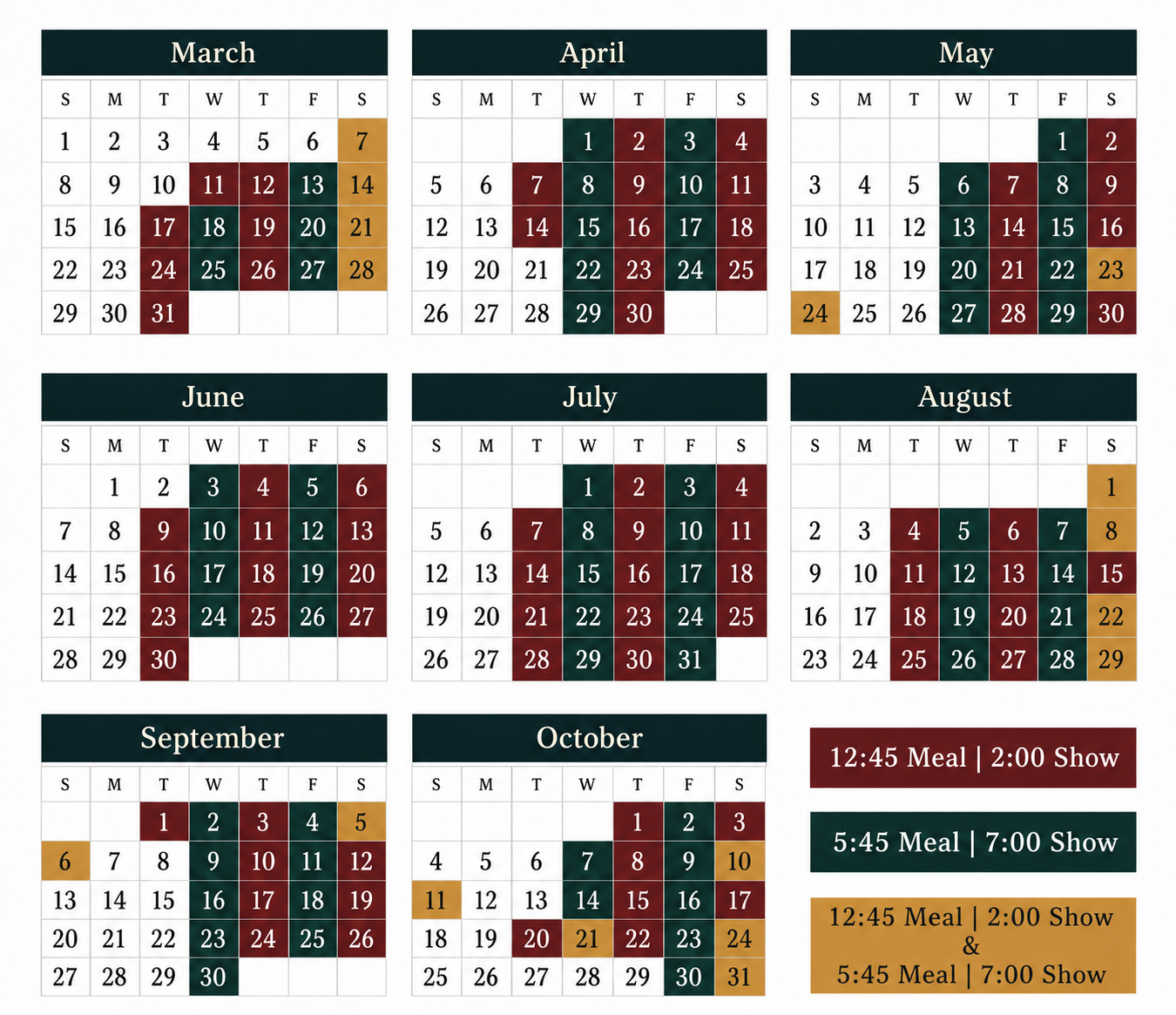 Calendar from March to October 2023, showing dates with color-coded meal and show times.