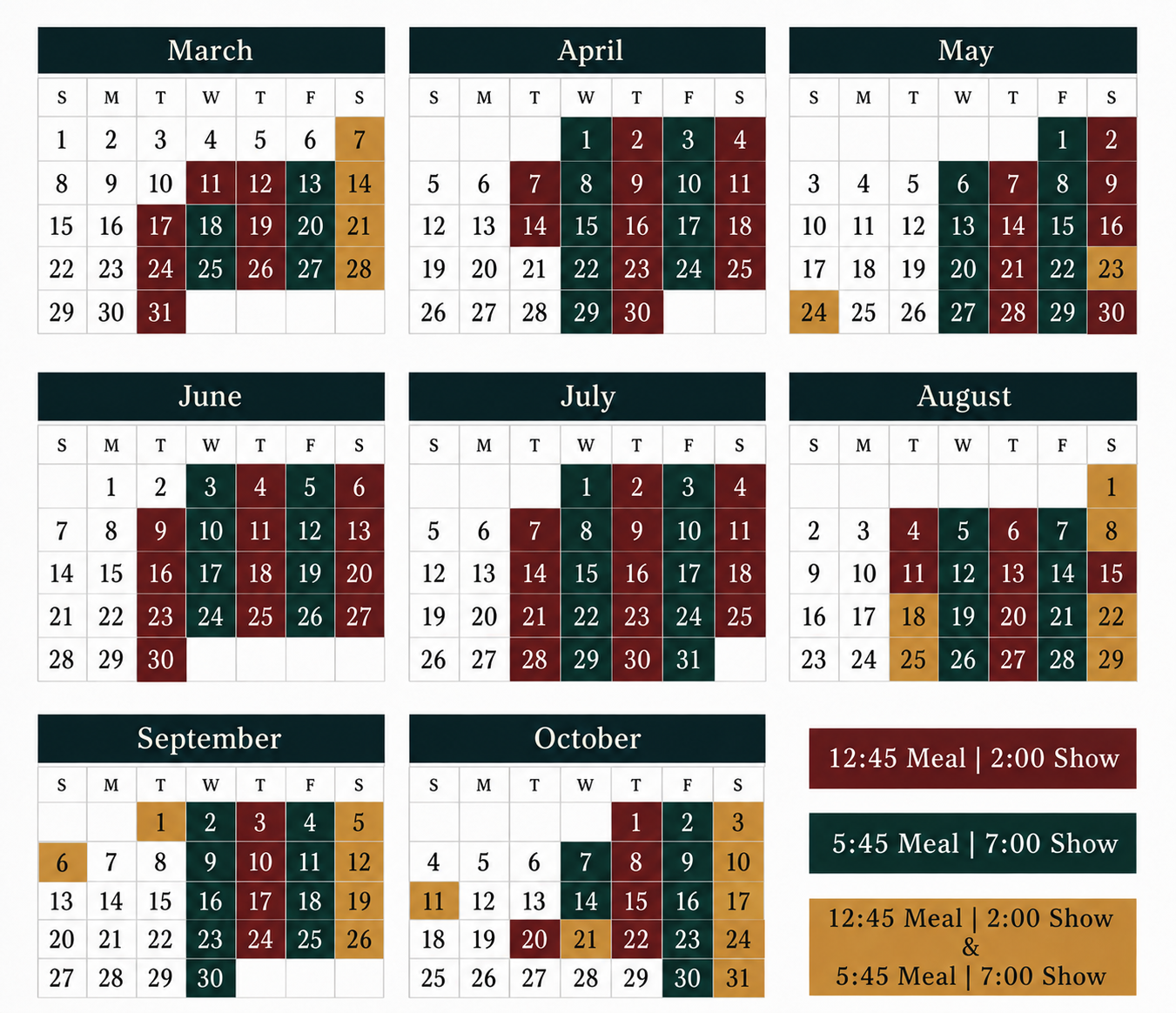 Six-month calendar with color-coded dates for meal and show times.