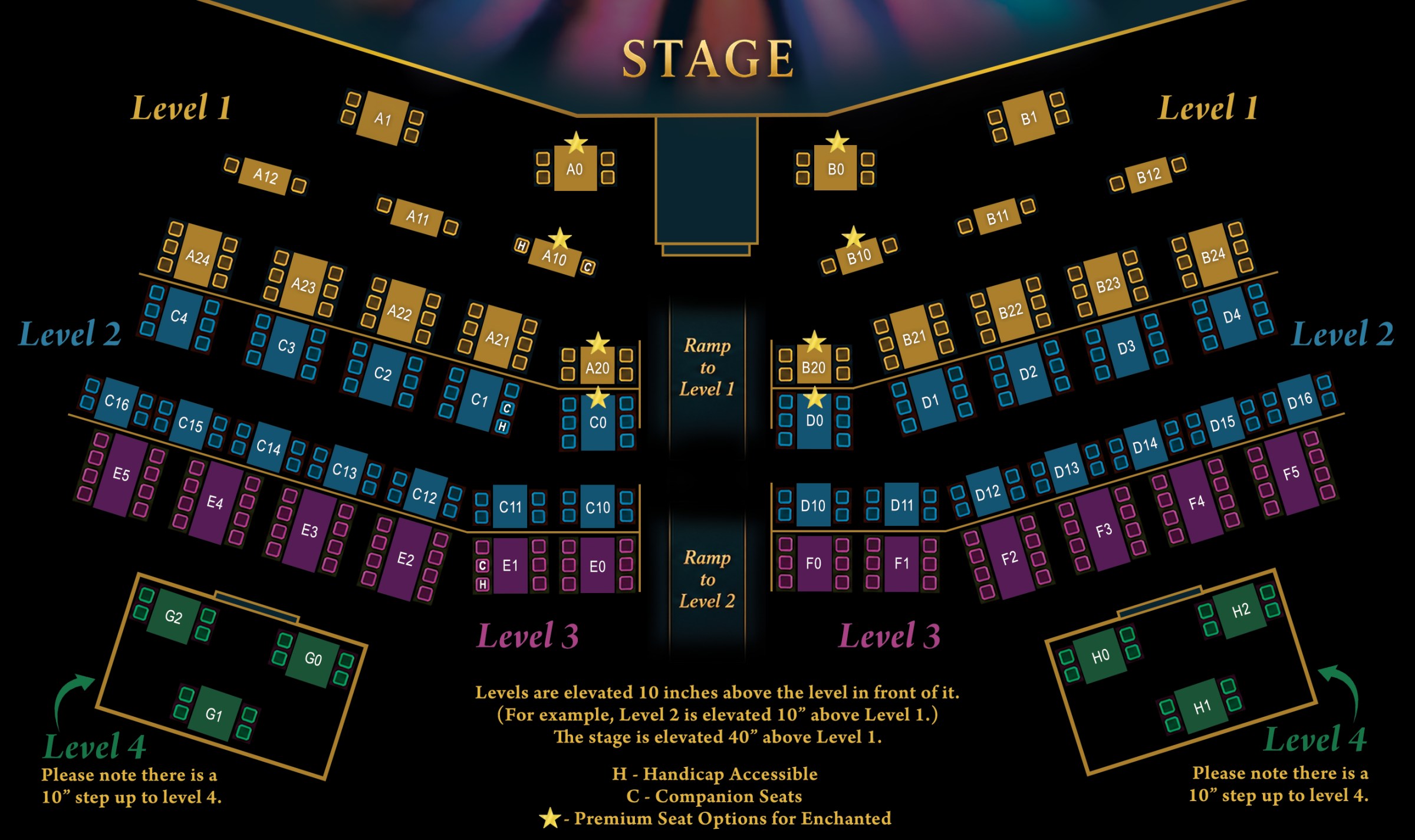 Seating chart with color-coded levels and wheelchair symbols.