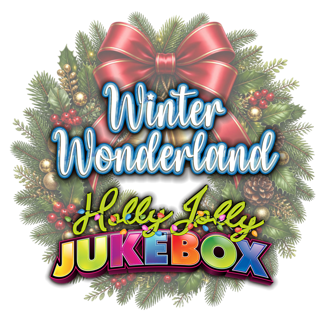 Festive wreath with 'Winter Wonderland Holly Jolly Jukebox' text