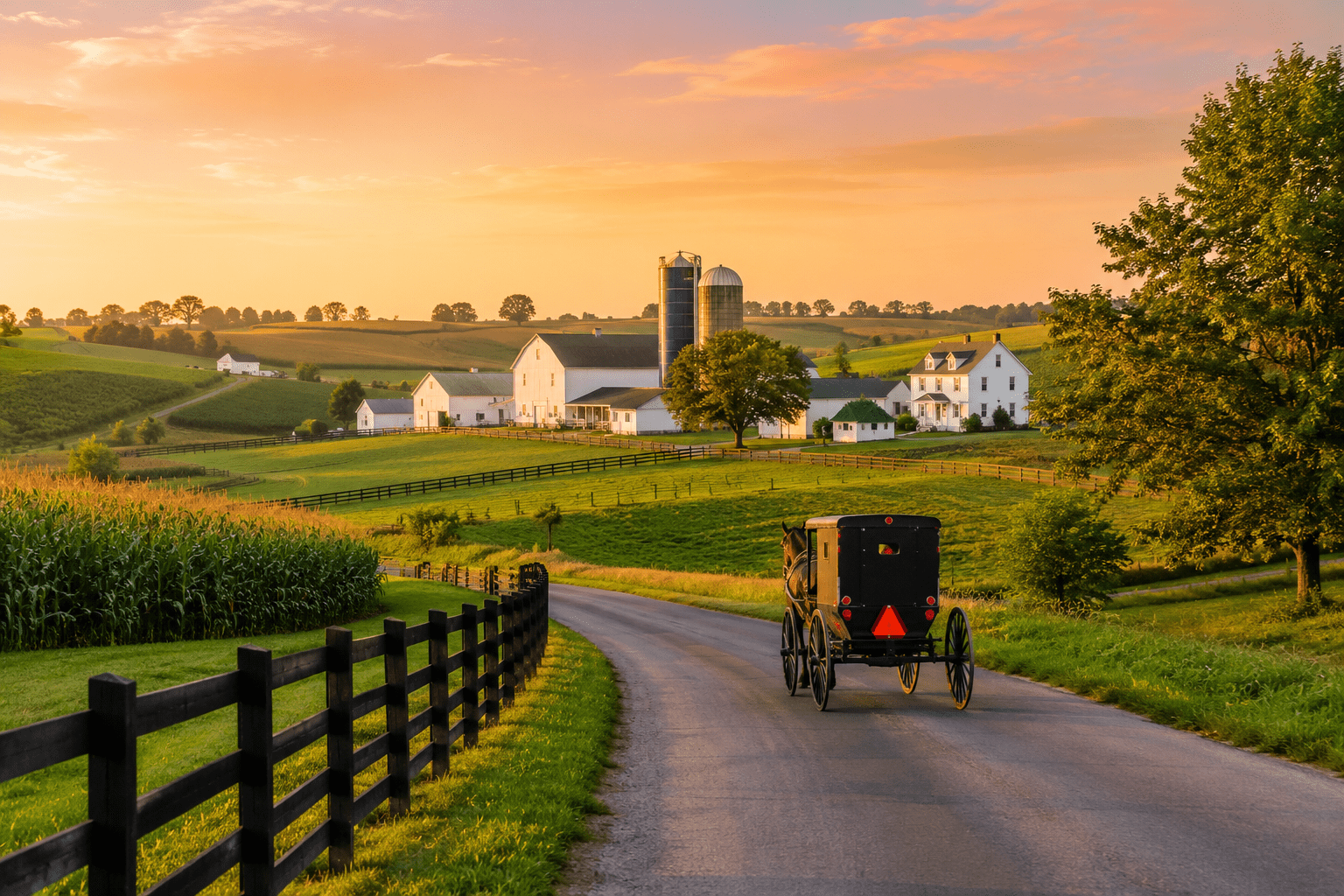 Horse-drawn buggy on rural road at sunset, with farms in the background.
