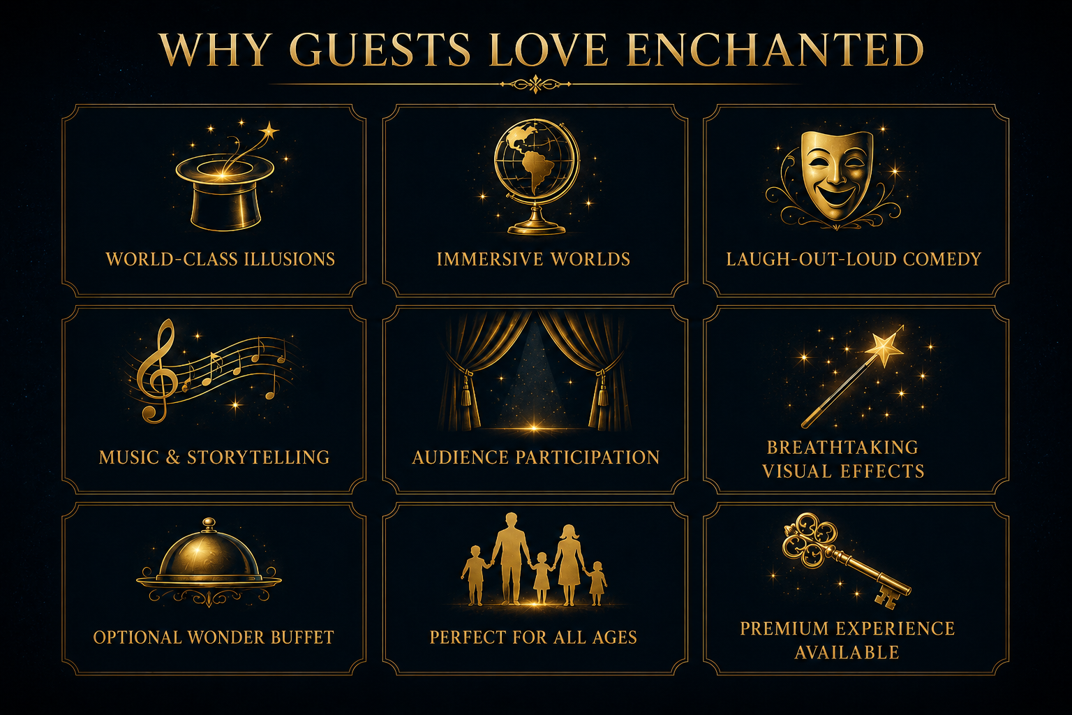 Grid of icons showing features of an event, such as illusions, comedy, music, and family-friendly atmosphere.