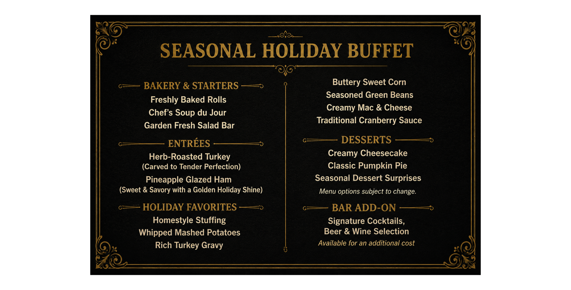 Menu for seasonal holiday buffet with various dishes listed.
