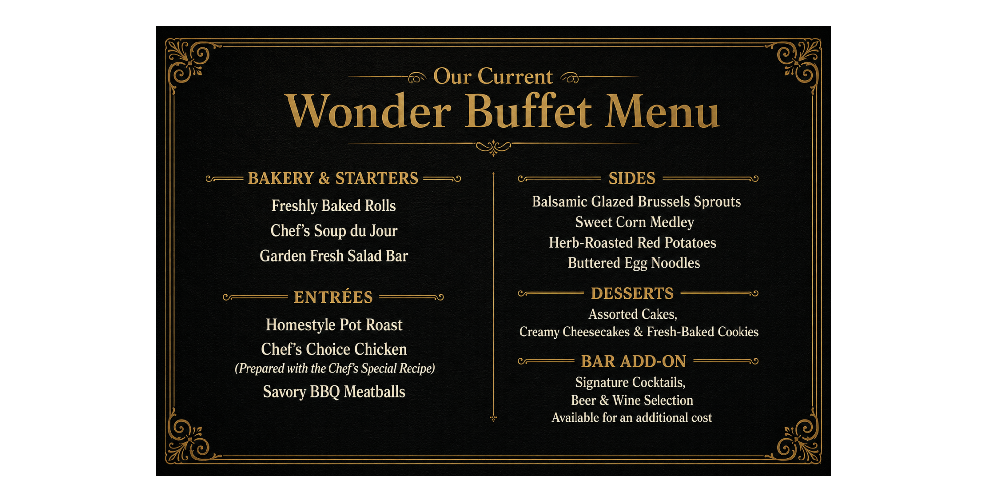 Wonder Buffet Menu with sections for starters, entrées, sides, desserts, and bar add-on.