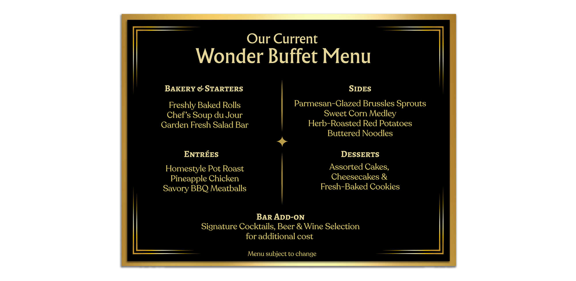 Wonder Buffet menu with starters, entrees, sides, desserts, and bar add-ons listed.