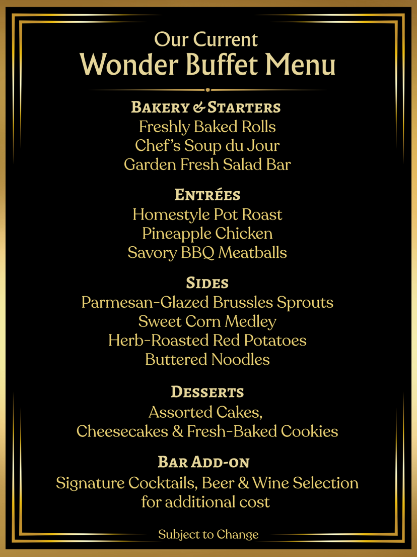 Wonder Buffet Menu with bakery, entrées, sides, desserts, and bar items listed.
