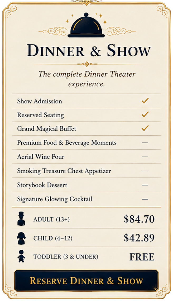 Dinner and show menu with prices for adults, children, and toddlers.