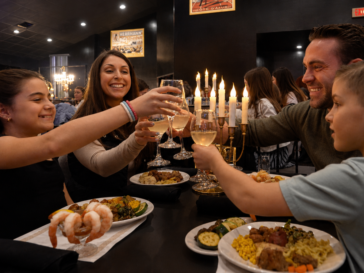 Family toasting with glasses at a restaurant table with meals.