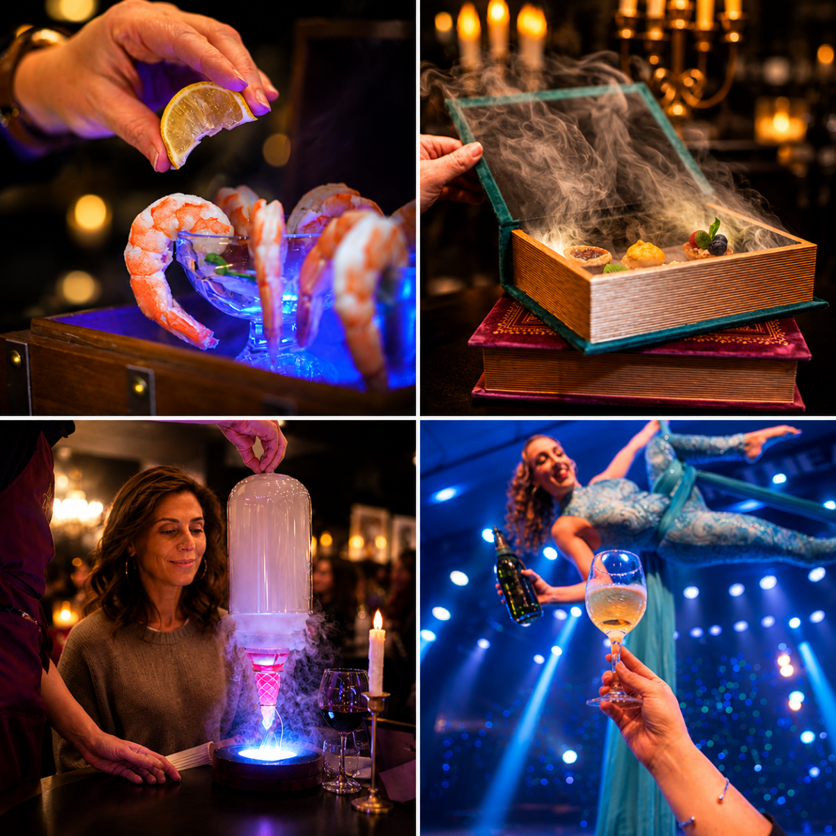 Collage: shrimp cocktail, smoky book dish, smoke drink, acrobat with wine.