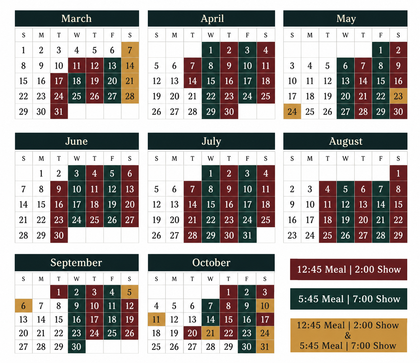 Calendar from March to October with color-coded date blocks and meal/show schedule.