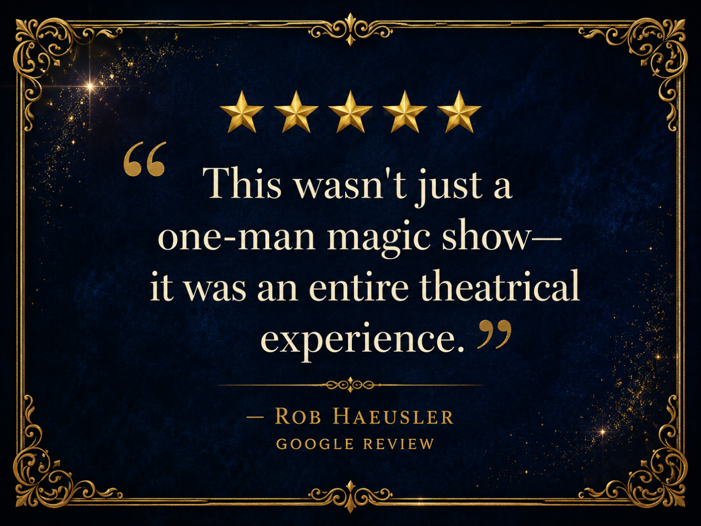 Gold stars and review quote on a dark background.