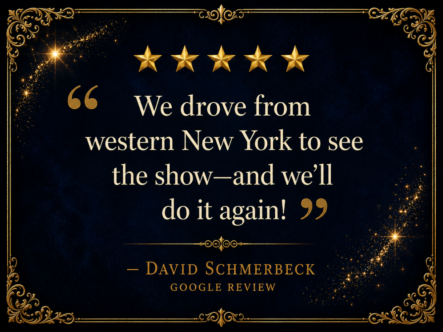 Elegant review graphic with gold stars and ornate border.