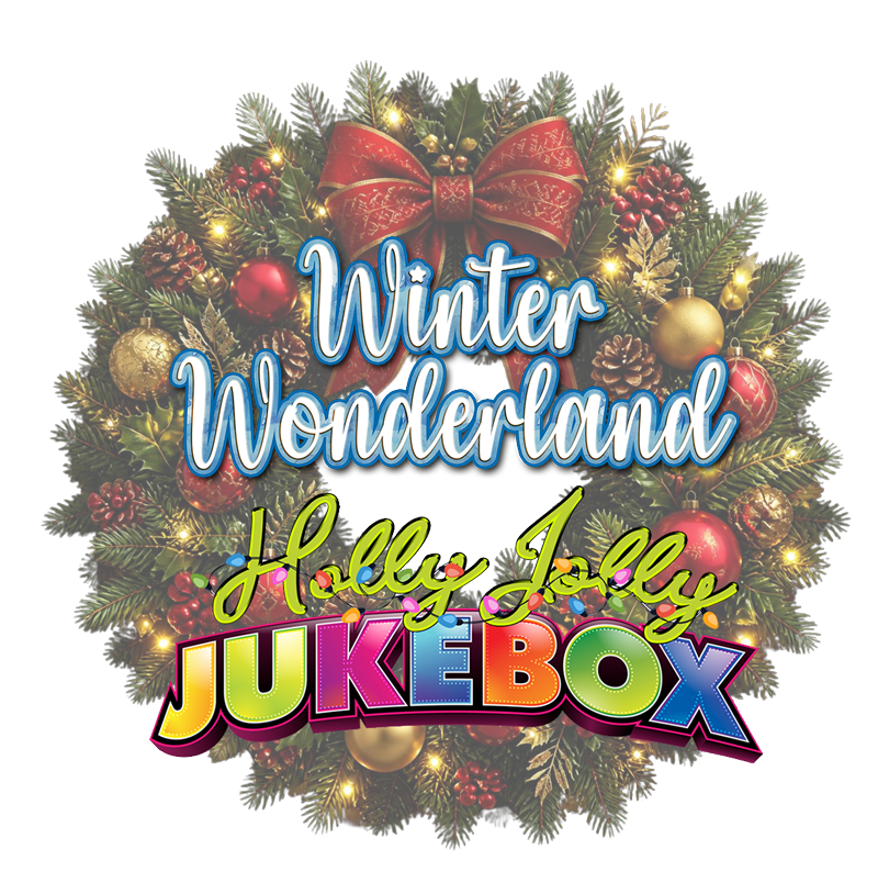 Festive wreath with 'Winter Wonderland Holly Jolly Jukebox' text.