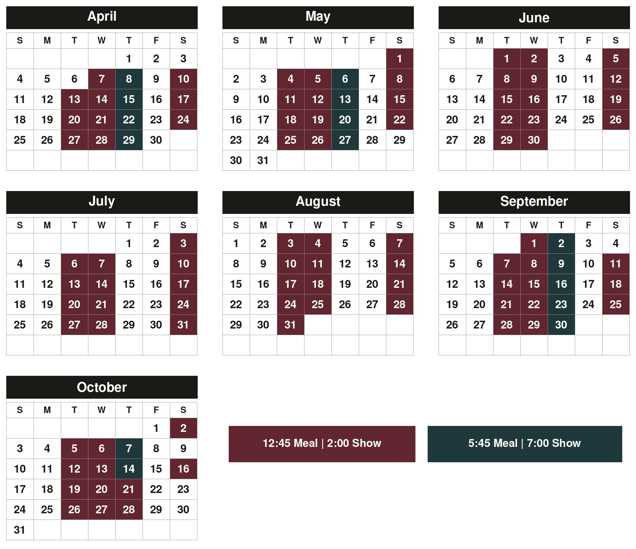 A calendar with highlighted dates for events from April to October 2023.