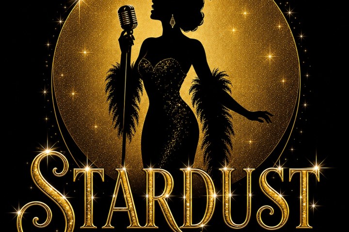 Silhouette of a singer with a golden microphone and feathered dress, text: Stardust a musical revue.